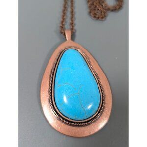 Copper Tone Faux Turquoise Teardrop Stone Cabochon Long Statement Neckalce 38"